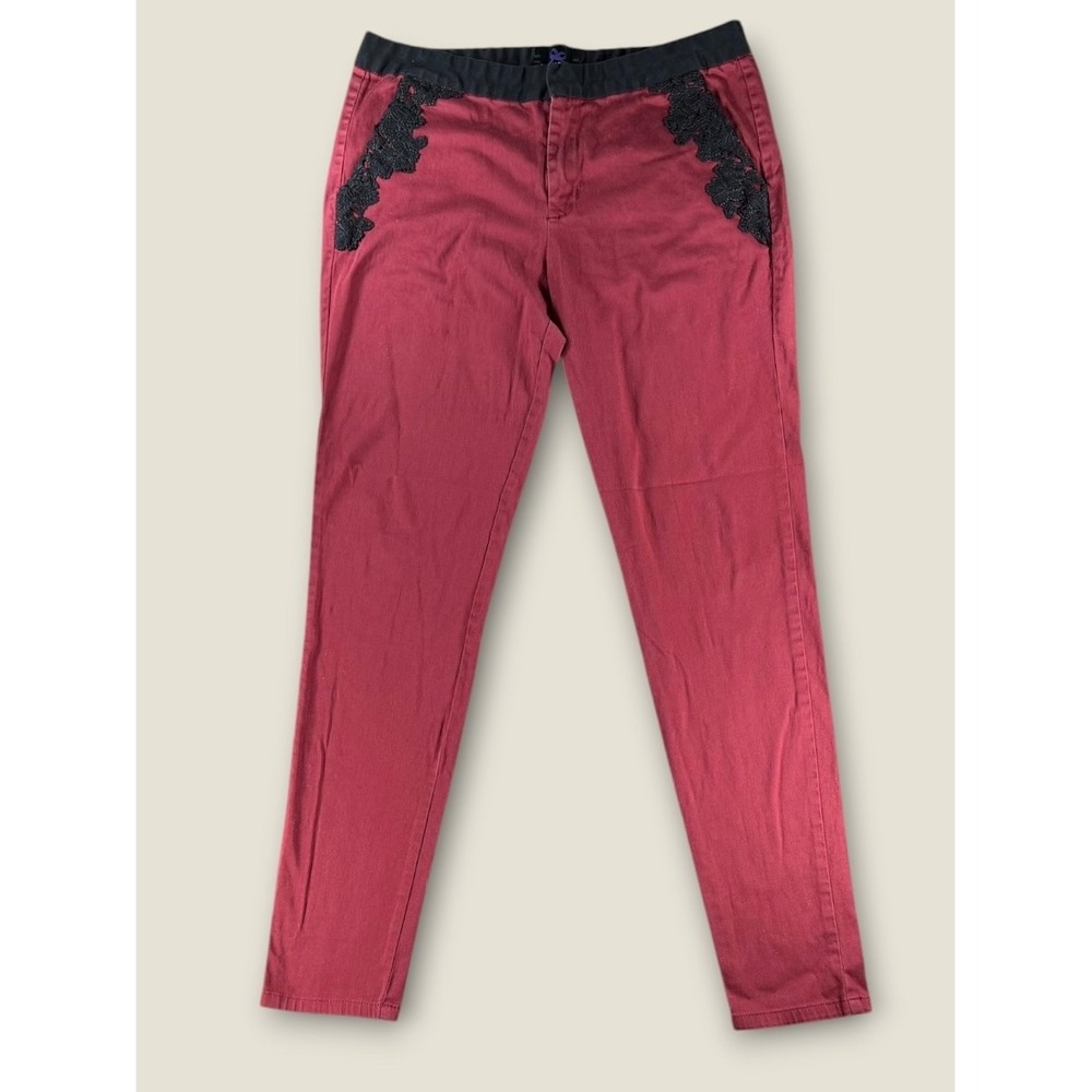 Plains & Prints Womens Burgundy Lace Applique Skinny Pants Maroon Size 8 US